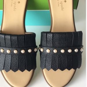 Kate Spade Black Leather Fringe Brie Slides Sandal